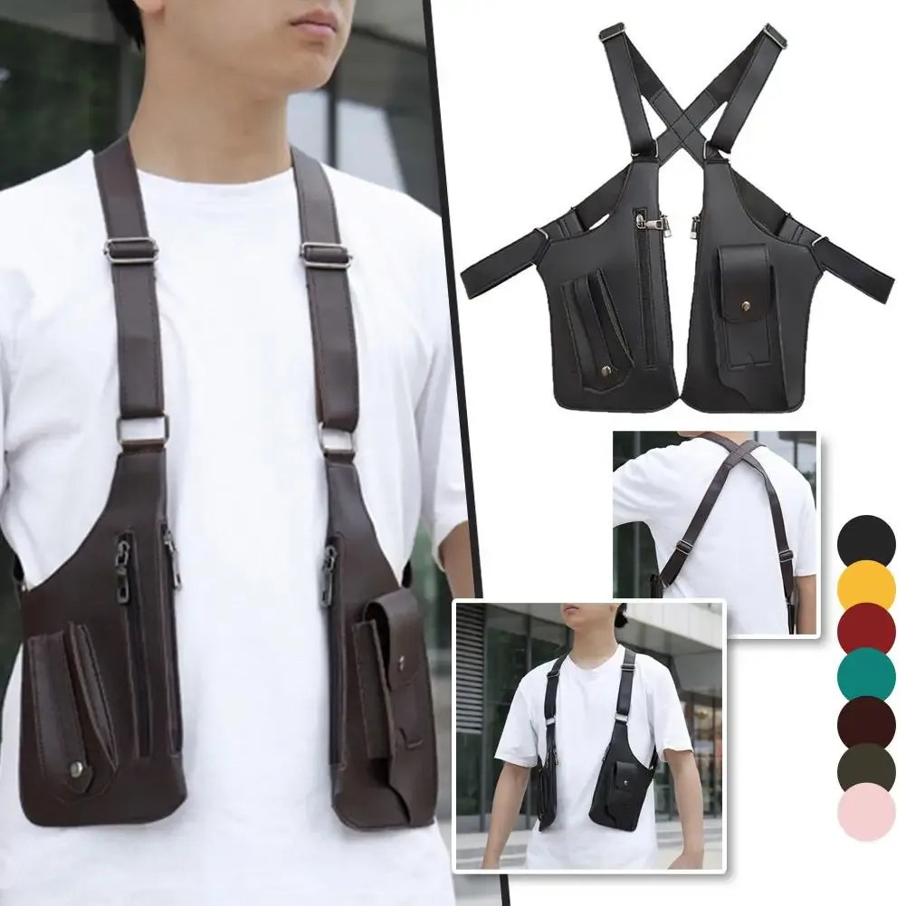 sac de poitrine style gilet, sac à dos utilitaire en cuir pu, streetwear réglable, sac à bandoulière tactique pour gilet pour moi l9b4