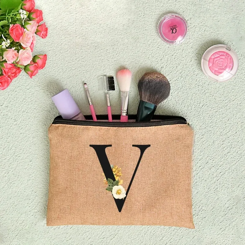 pochette en lin à fermeture éclair pour femmes, imprimé de lettres florales, étui de rangement de voyage, sac à cosmétiques, trousse de maquillage, sacs de maquillage de demoiselle d'honneur