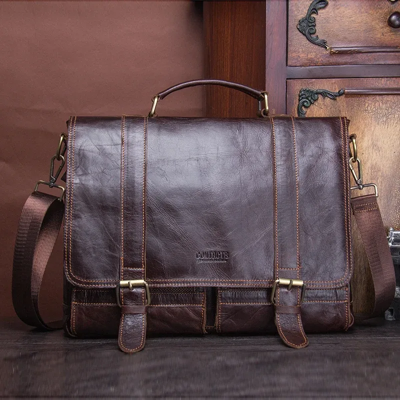 porte documents cuir véritable cuir vache marron poignée souple fermeture éclair poches téléphone portable valise large usage voyage business commerce