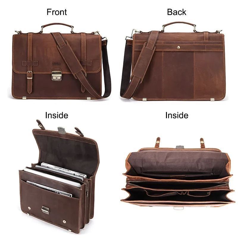 sacoche affaires cuir vache marron foncé bandoulière amovible boucles dorées fermeture loquet polyester intérieur poche téléphone portable usage voyage hommes