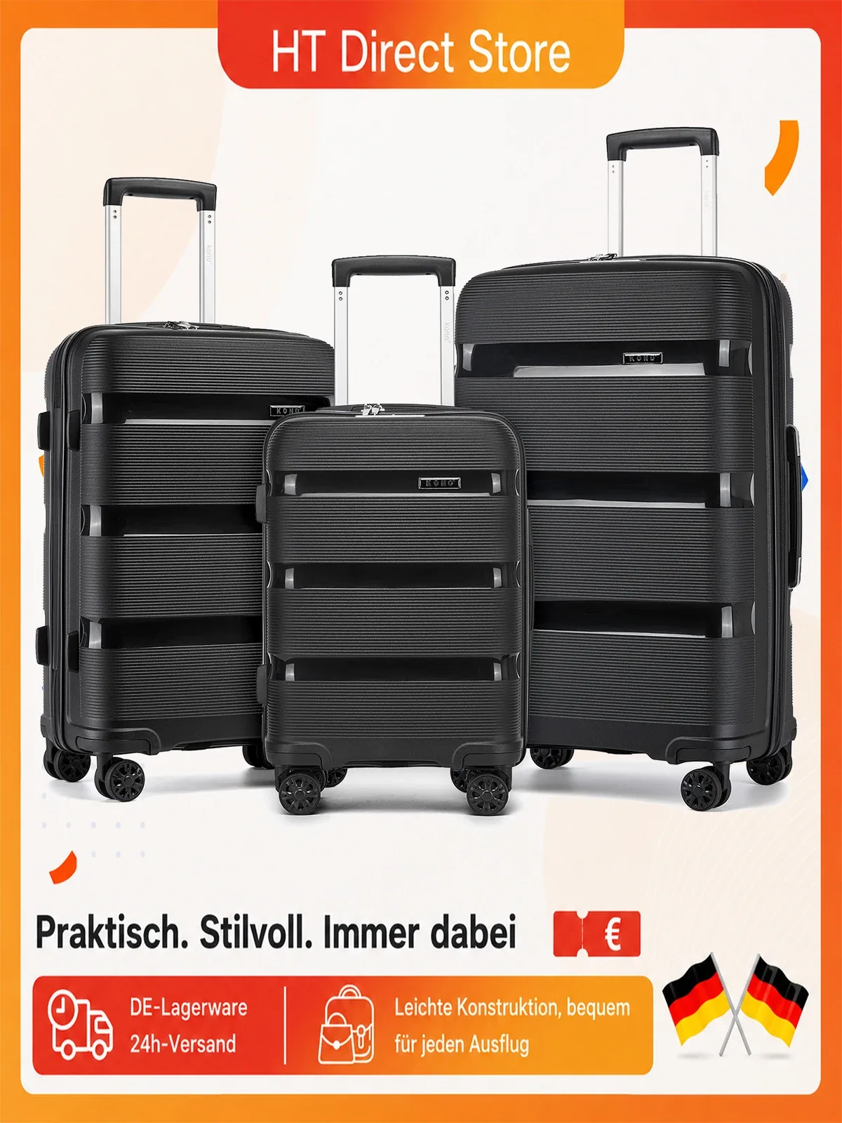 Ensemble de bagages Kono en polypropylène rigide 3 pièces, valises cabine et bagages à roulettes 55/65/75 cm avec 4 roues pivotantes à 360° ° Roues pivotantes et serrure à combinaison TSA, couleurs turquoise/noir