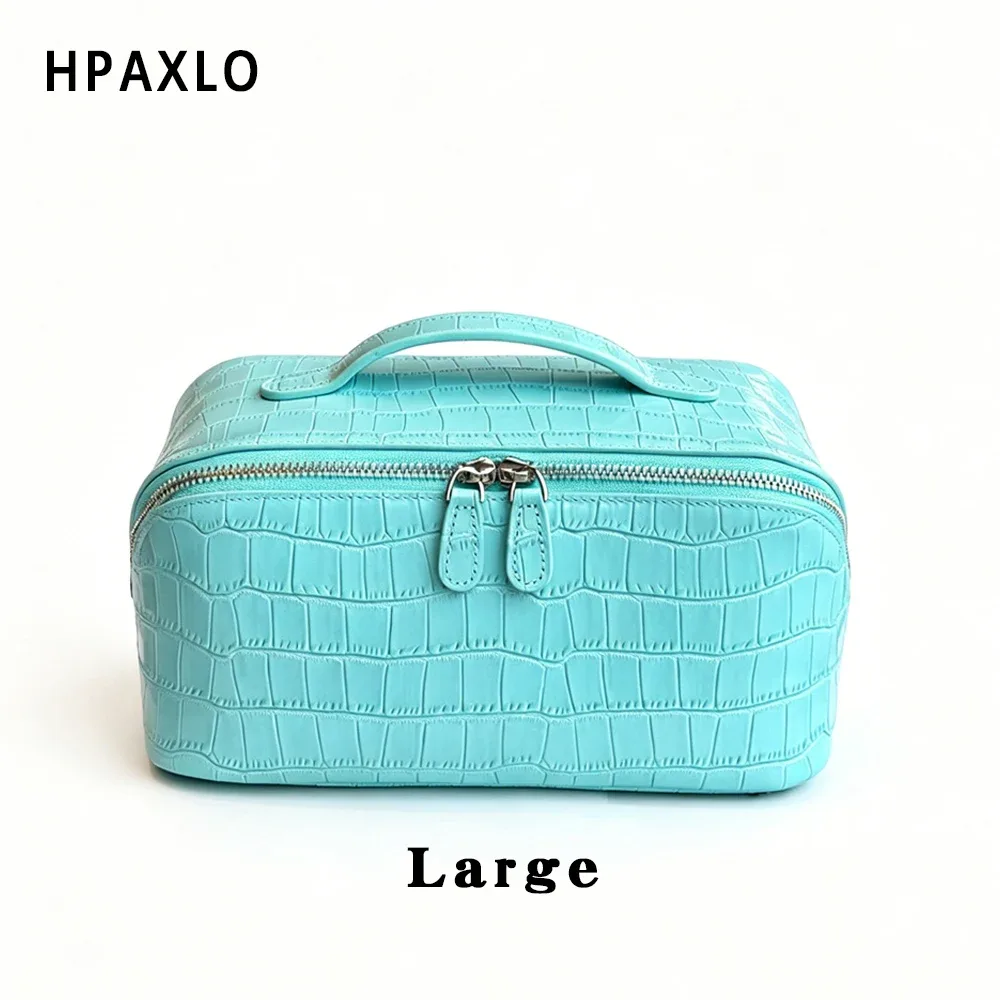 trousse de maquillage en cuir pleine fleur imprimé crocodile bleu, sac de toilette, cadeau femme, étui cosmétique, organisateur de maquillage de voyage