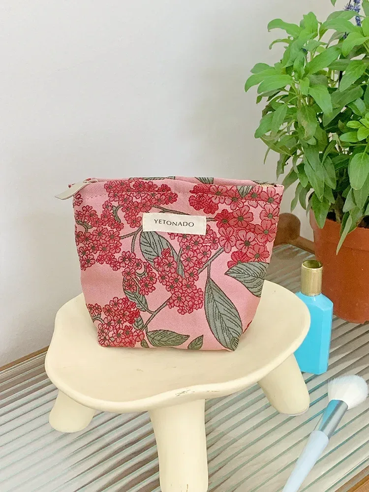 ins style vintage fleurs sac cosmétique portable main sac cosmétique voyage trousse de toilette sac de rangement outils de maquillage pochette de rangement