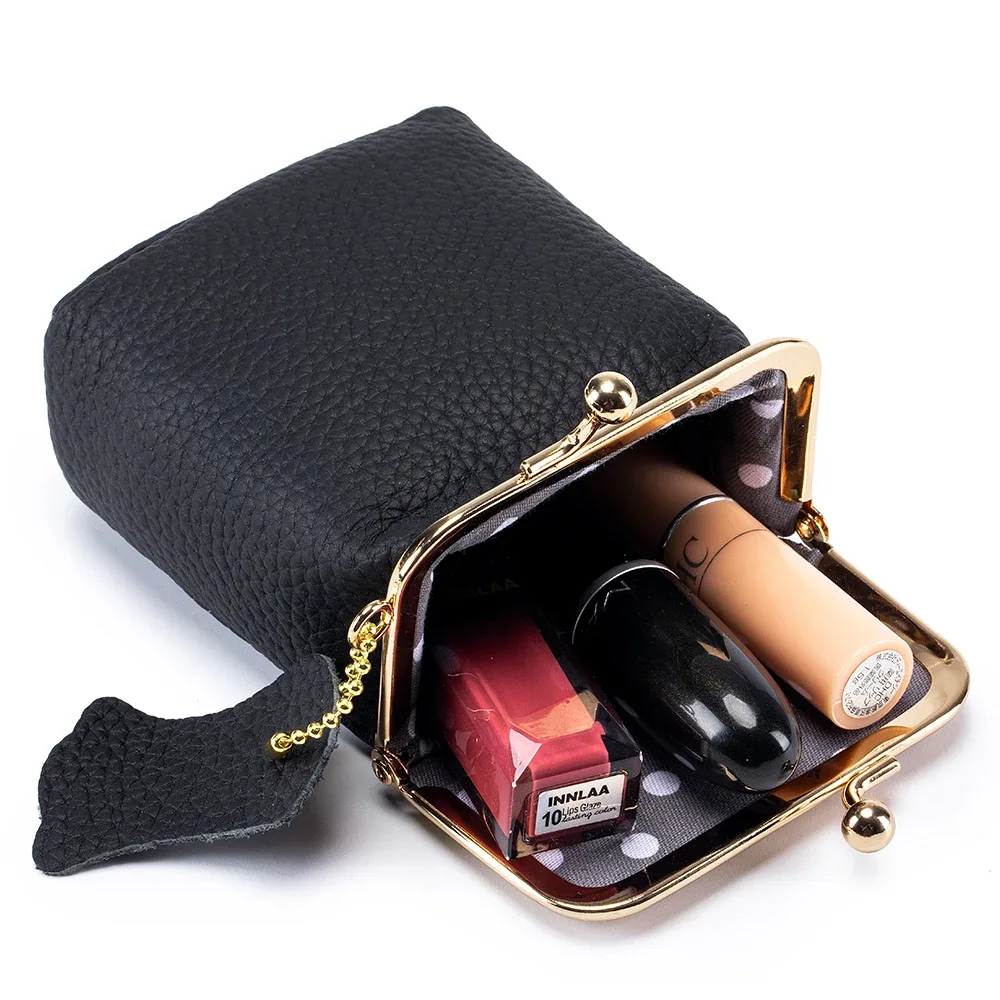 petit sac à cosmétiques en cuir véritable pour femmes, moraillon doré, pochette de maquillage mignonne, étui de rangement de rouge à lèvres, boîte à clés de voyage, mini porte-monnaie