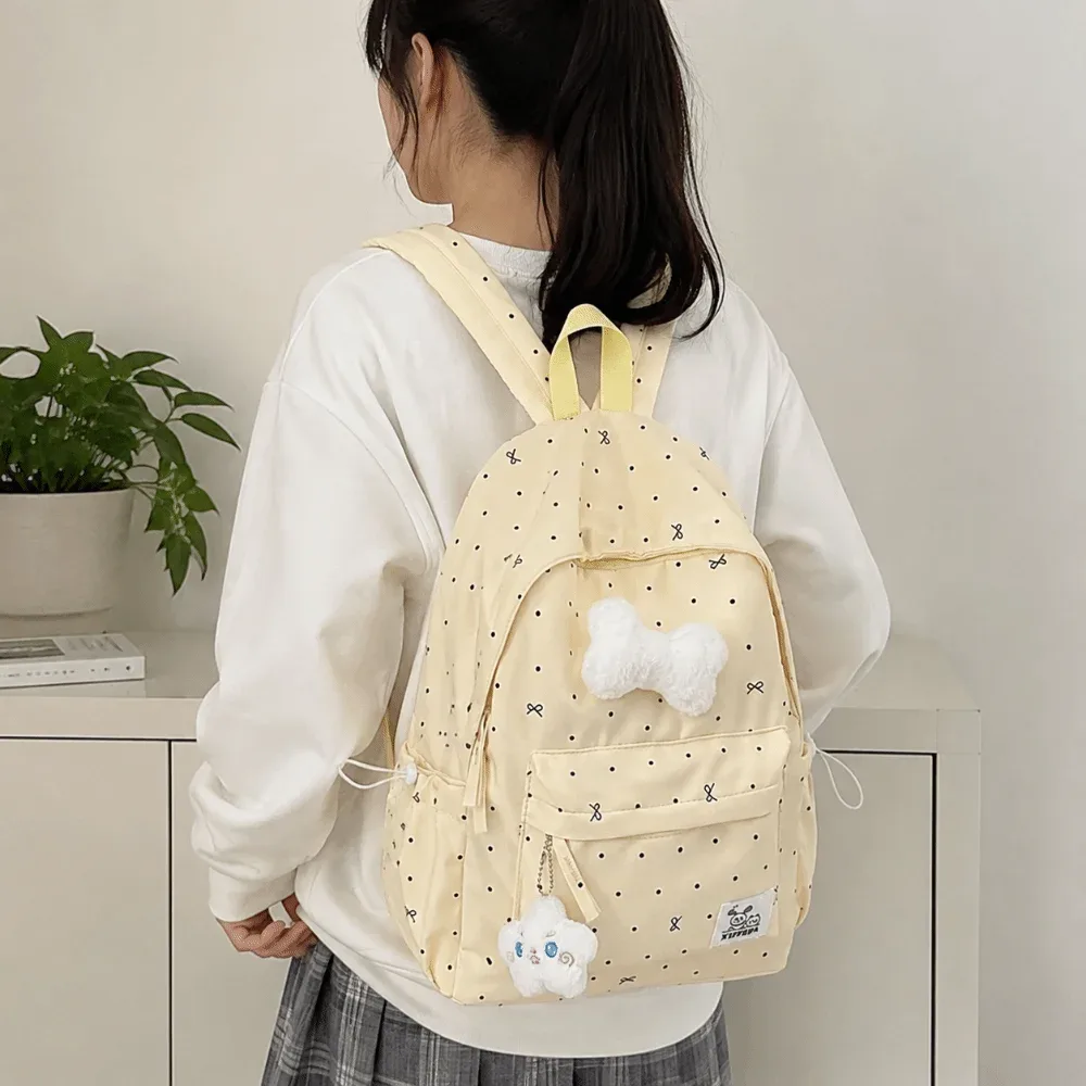 sac à dos tendance léger à pois avec nœud, respirant, pour étudiants, durable, décontracté, grande capacité, pour l'école et les voyages