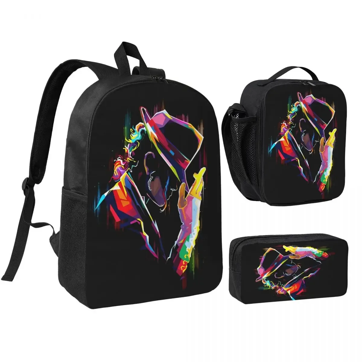 sac à dos mj pop king 3 pièces/ensemble pour étudiant, sac à bandoulière, sac à déjeuner, trousse à crayons
