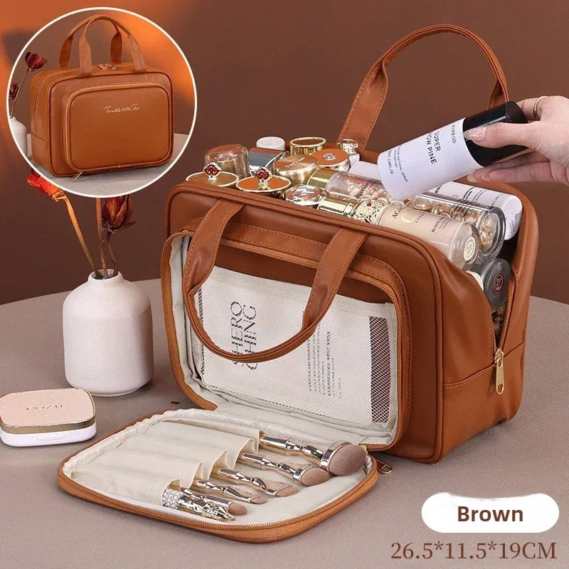 sac de maquillage de rangement portable multifonctionnel pour femmes, sac de rangement de toilette de voyage de grande capacité, nouveau sac à cosmétiques en cuir pu