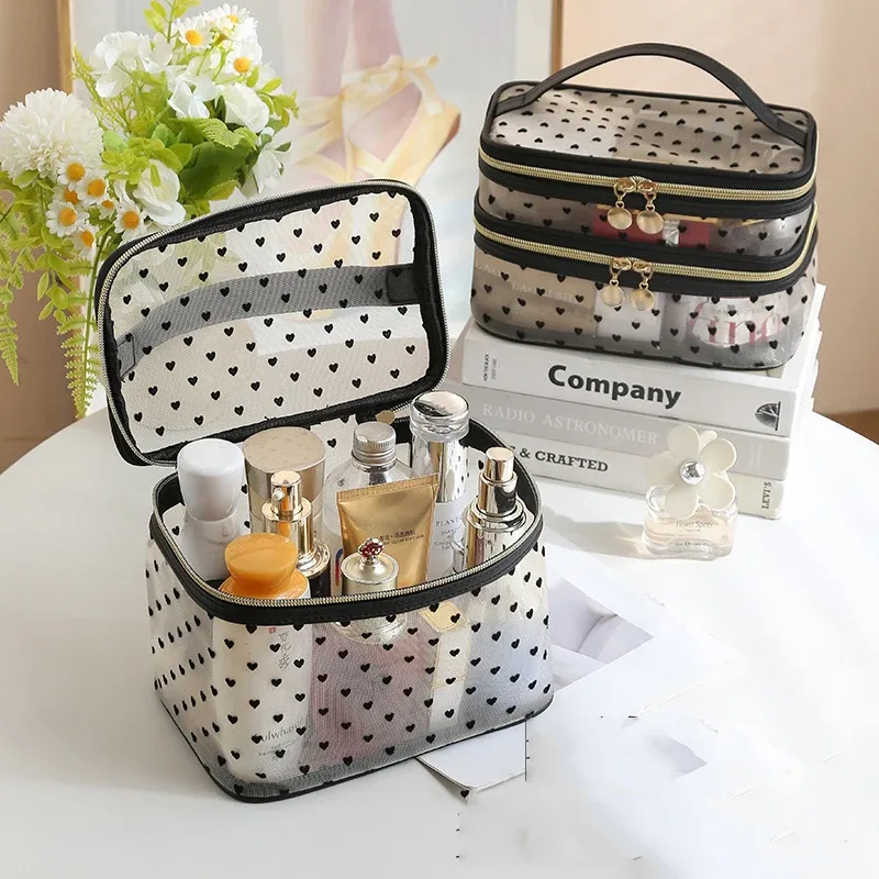 sac à cosmétiques en maille noire double couche, trousse de maquillage portable de grande capacité, pochette de rangement, trousse de toilette à fermeture éclair