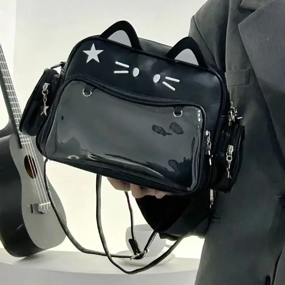 sac à bandoulière y2k adge display pour femme, style preppy jk, sac itabag chat mignon, pochette transparente kawaii, en cuir pu