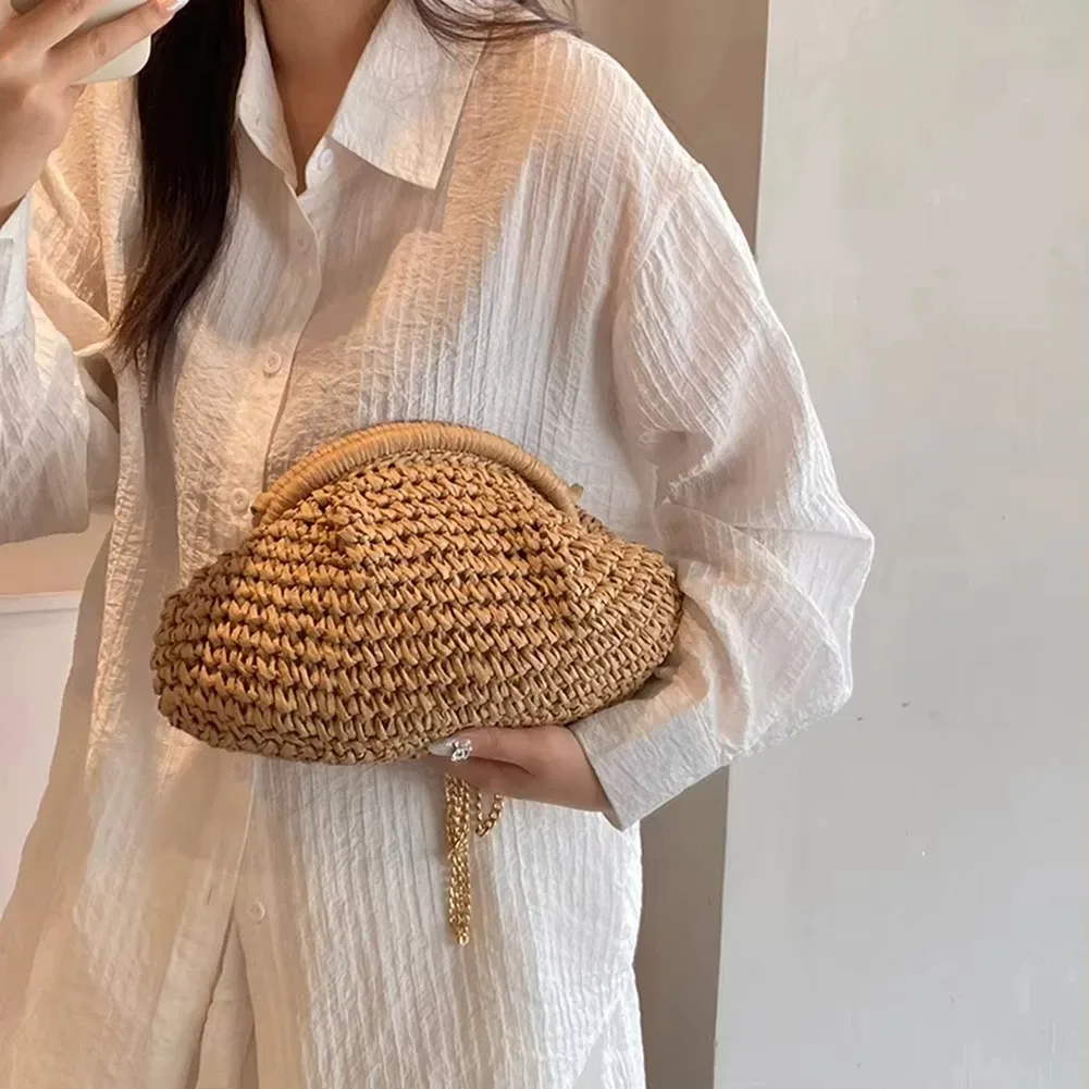 sac tissé en paille pour femmes, pochette en paille avec sangle en chaîne, sac à bandoulière élégant de grande capacité, couleur unie pour la plage d'été