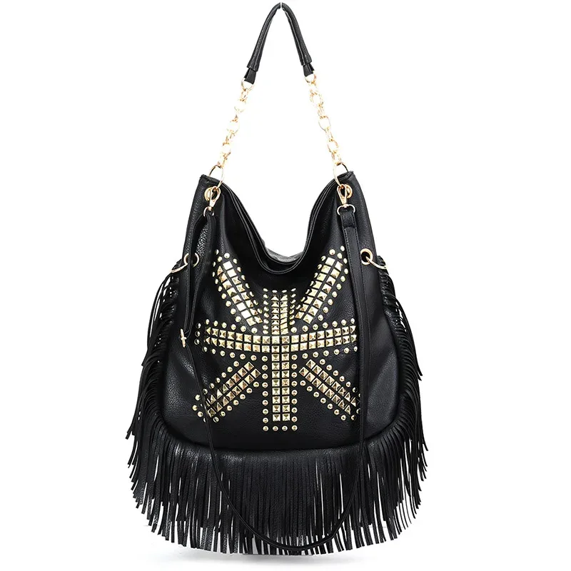 sacs à bandoulière à rivets pour femmes, sacs à main de grande capacité pour dames, sacs de messager féminins à long pompon, marque de créateur, mode initiée