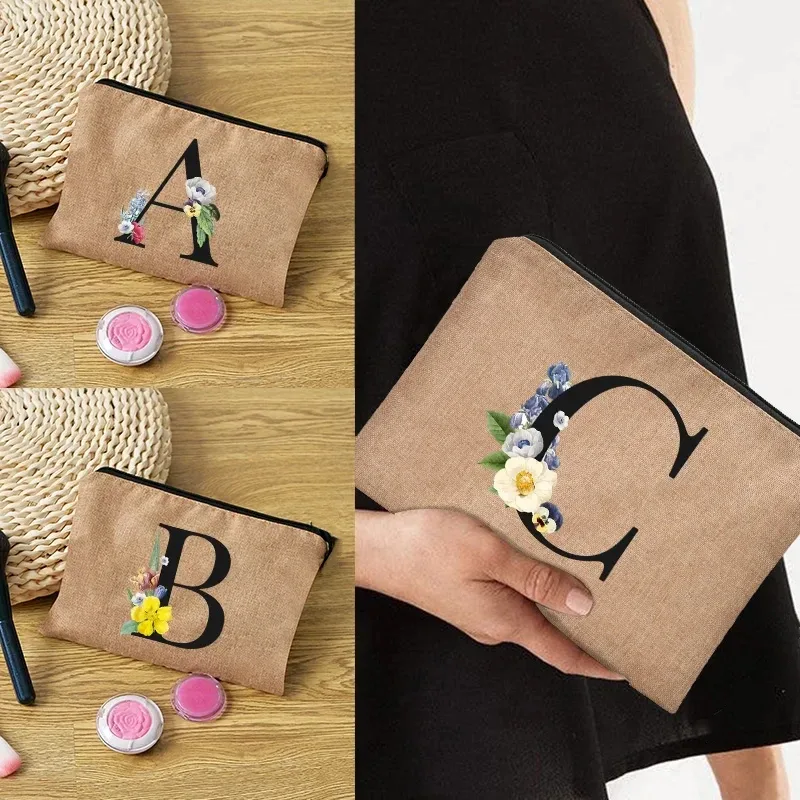pochette en lin à fermeture éclair pour femmes, imprimé de lettres florales, étui de rangement de voyage, sac à cosmétiques, trousse de maquillage, sacs de maquillage de demoiselle d'honneur