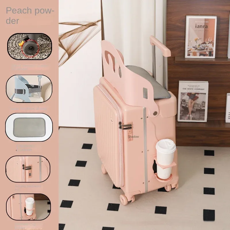 nouvelle valise pour enfants sur laquelle on peut s'asseoir, 20/22/24 pouces, valise à roulettes avec ouverture frontale, robuste et épaissie, avec porte-gobelet.