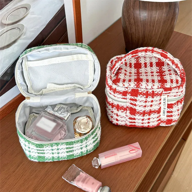 Cadeau de Noël, mini sac cosmétique en tweed mignon, petite bourse à monnaie, sac à rouge à lèvres, trousse de toilette, sac de voyage portable avec fermeture éclair, sac à main