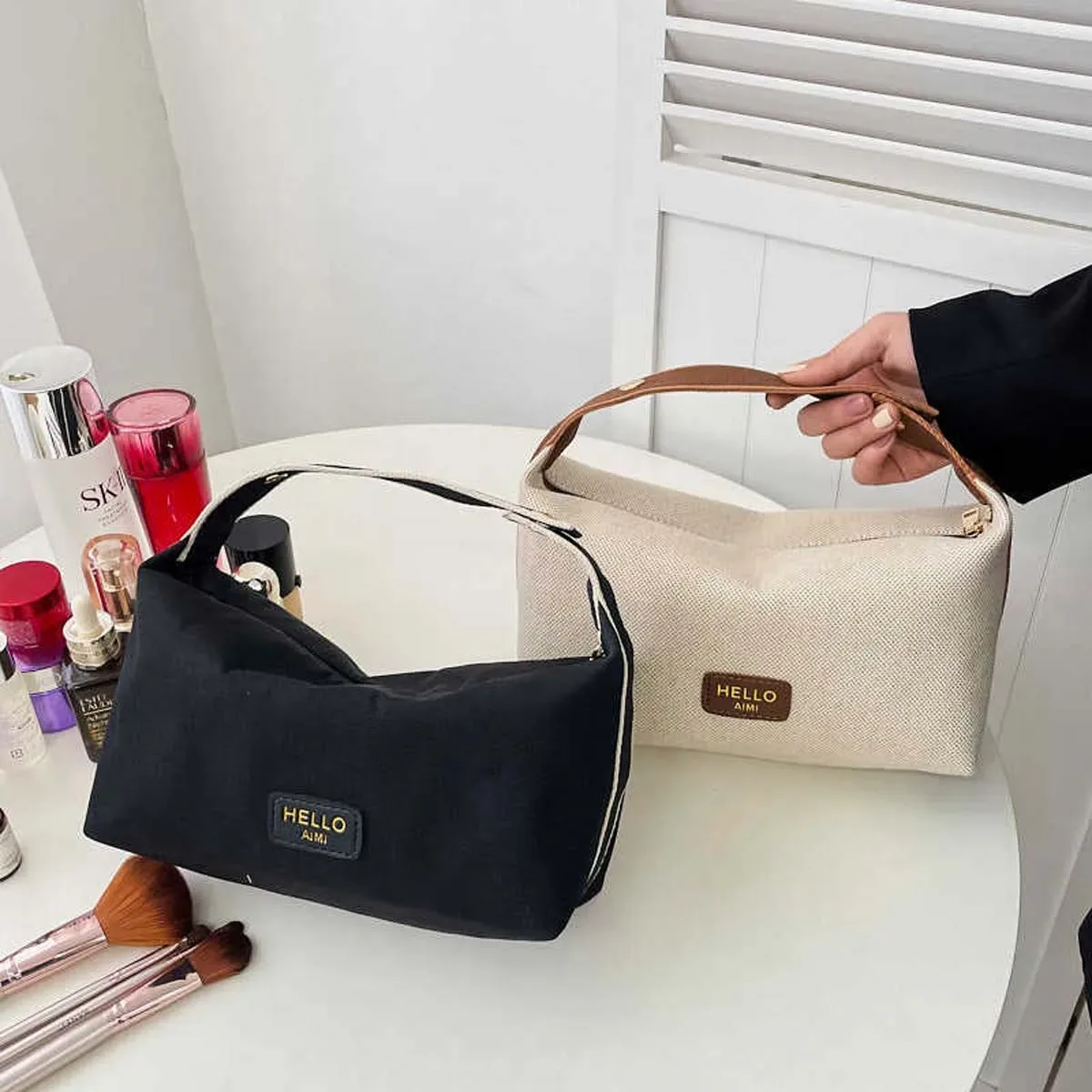 nouveau sac de toilette en toile haut de gamme, sac de maquillage de voyage portable de grande capacité, sac de rangement de cosmétiques bloquant les couleurs avec lettres