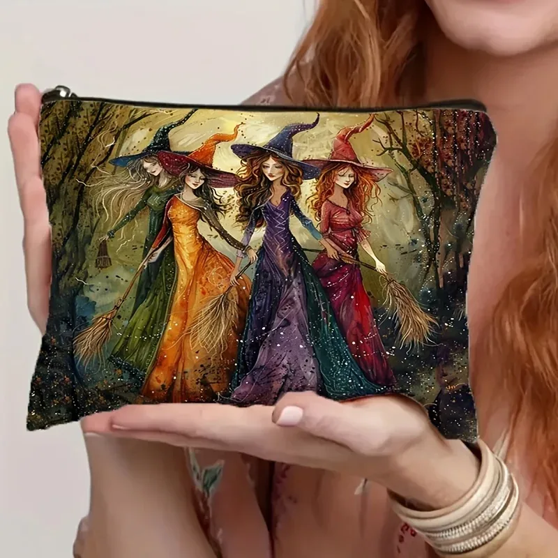 trousse de maquillage à motif de sorcière rétro, légère et pliable, rangement de voyage, impression recto-verso avec un design de sorcière vibrant, pour halloween