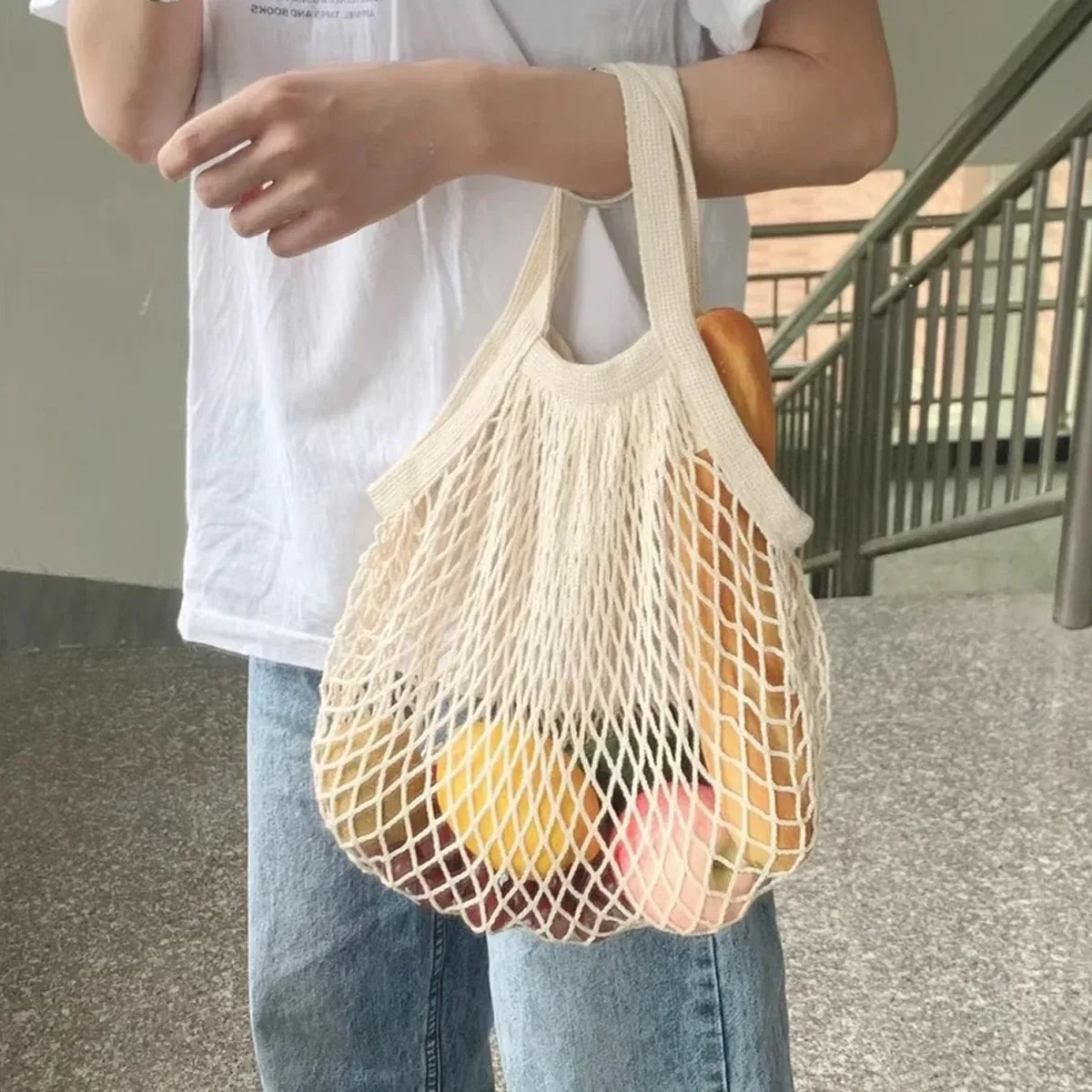 sac fourre-tout réutilisable en coton tressé, idéal pour les courses, le rangement des légumes et fruits, protection de l'environnement
