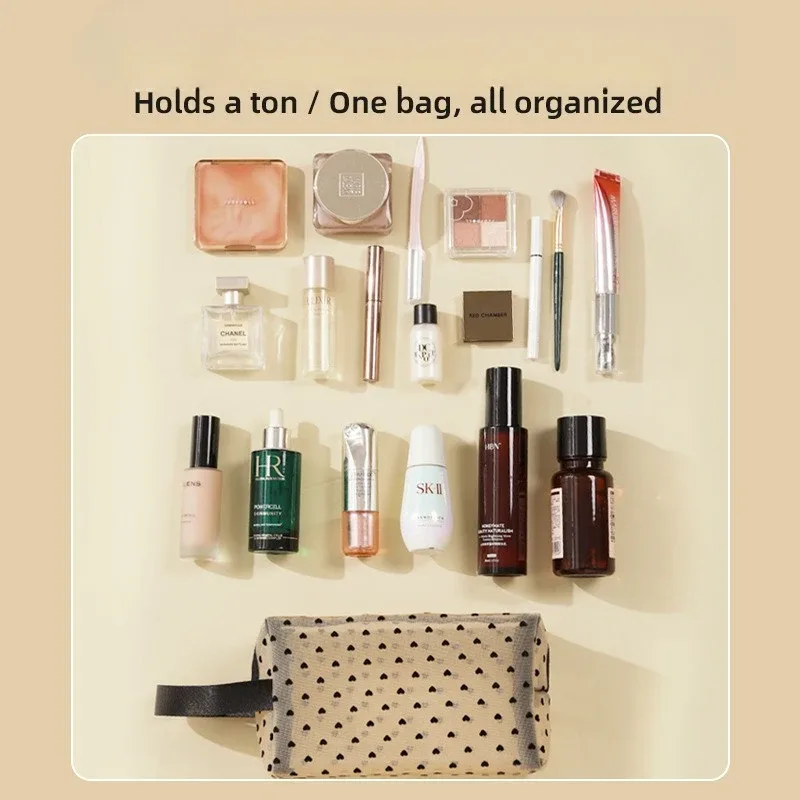 pochette de maquillage en forme de cœur, sac cosmétique en maille transparente, pochette de rangement multifonction portable, trousse de toilette de voyage, sacs à rouge à lèvres à fermeture éclair