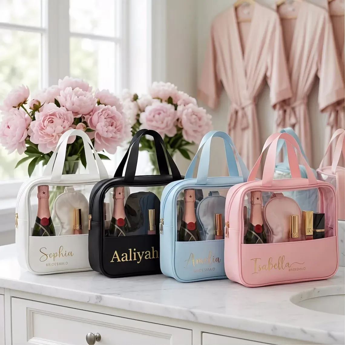 pochette cosmétique personnalisée avec nom, pochette à maquillage en feuille d'or sur mesure, organiseur de toilette de voyage, cadeau pour demoiselle d'honneur