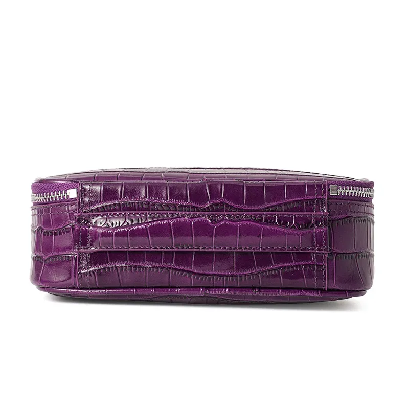 sac cosmétique en cuir véritable à motif crocodile violet pour femmes, sac de toilette de voyage portable, sac de rangement en cuir de vachette de haute qualité