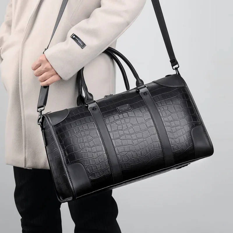 sac à main de mode pour hommes, fourre-tout de voyage d'affaires, sac de bagages de luxe en cuir pu alligator avec bandoulière, sacs à bandoulière