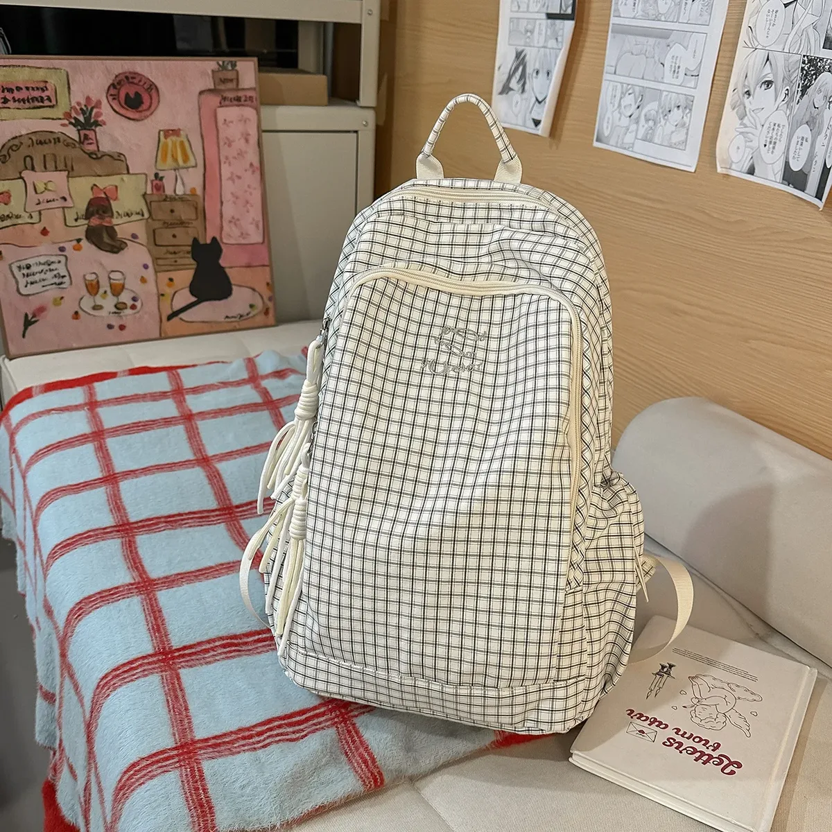 sac à dos coréen à carreaux avec cordon de serrage, grande capacité, pour étudiants et navetteurs, en nylon léger, sac à livres décontracté en forme de seau avec fermeture éclair, couleur foncée