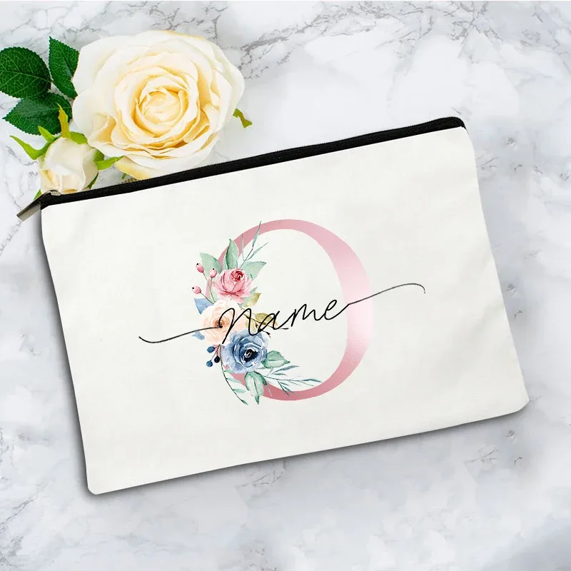 trousse de maquillage personnalisée rose à motifs floraux avec initiale, pochette cosmétique en toile personnalisée, organisateur de voyage pour articles de toilette pour femmes