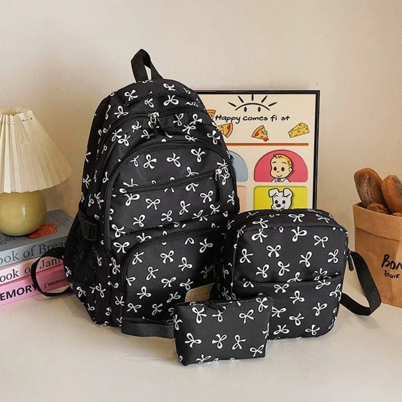 sac à dos tendance coréen pour femmes, imprimé nœud, léger, simple, pour étudiants, sac d'école, sangle réglable, sac à dos de voyage, 3 pièces/ensemble