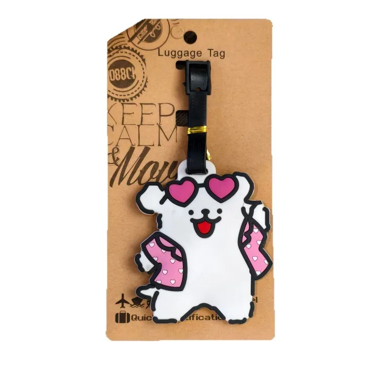 étiquette bagage caoutchouc pvc motif chien dessin animé voyage blanc doré marron rose orange