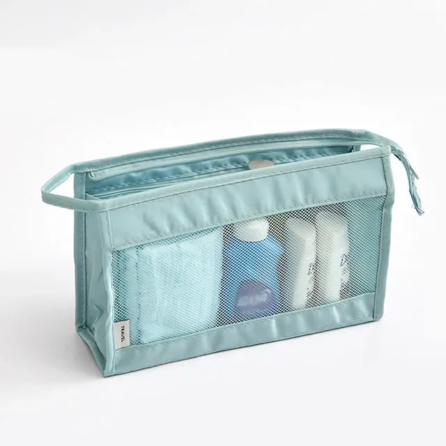 sac de voyage léger et respirant en maille pour femme, trousse de toilette portable transparente pour maquillage et soins de la peau