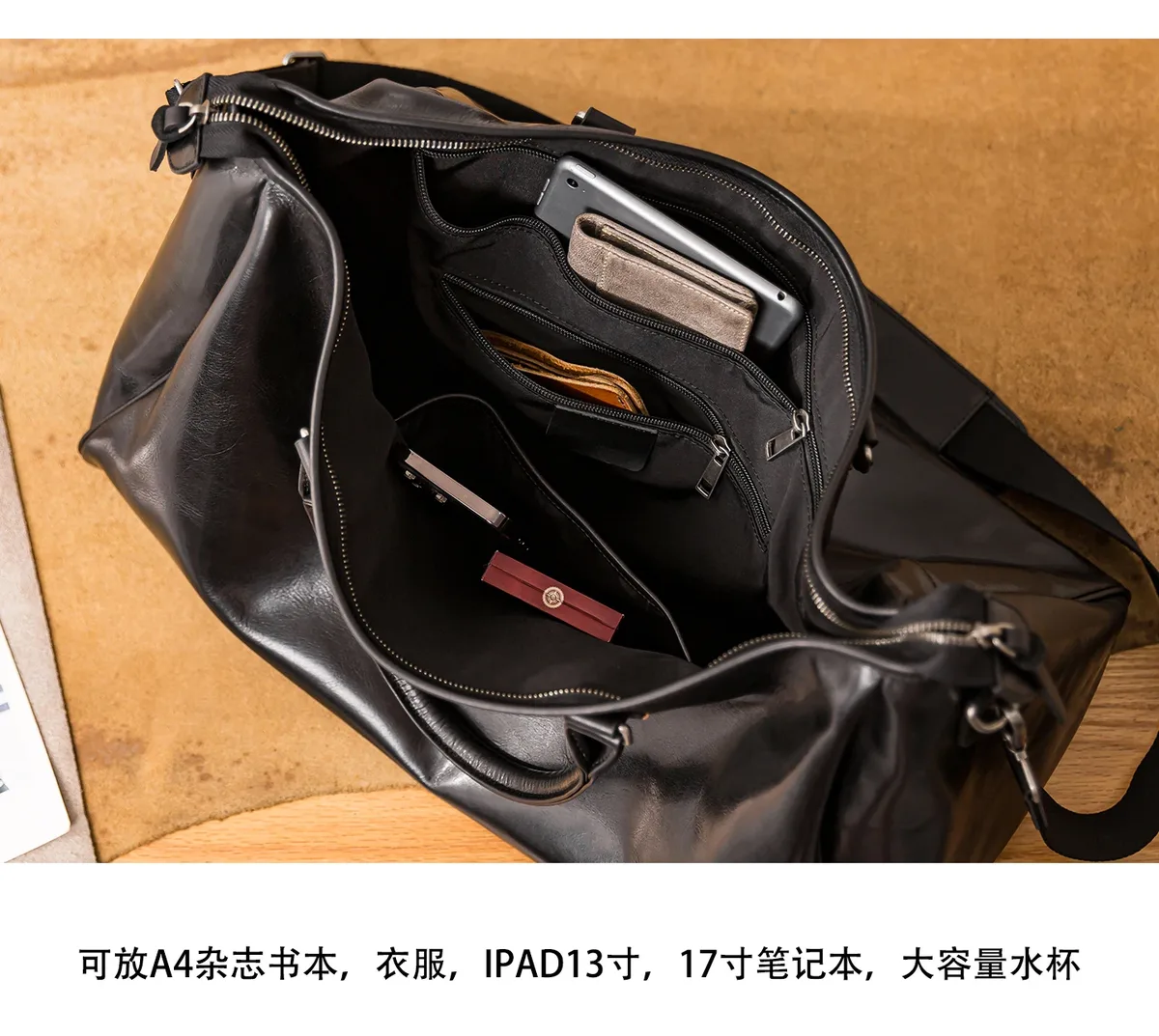 organisateur simple concepteur fait à la main en cuir véritable sac de voyage pour hommes en plein air sport décontracté luxe véritable cuir de vache noir sac à main