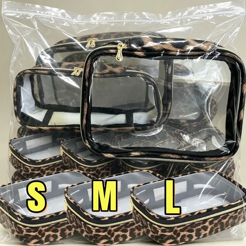 sac de maquillage transparent imprimé léopard, grande capacité, organisateur de cosmétiques de voyage, sac à cosmétiques étanche à fermeture éclair