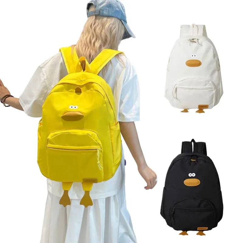 Sac Dos Nylon Noir Jaune Beige Forme Rectangulaire Poignée Souple Bandoulière Arquée Fermeture Glissière Voyage Femme Étudiant École Polyvalent