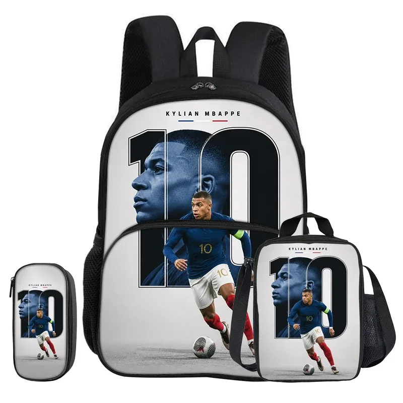 sac dos nylon noir motifs kylian mbappé dessins animés poche avant fermeture éclair bandoulière arquée capacité 20 35 litres petit sac assorti trousse crayons