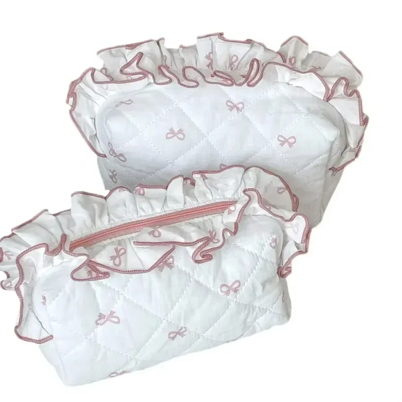 sac de maquillage avec nœud en dentelle pour femmes, sac à cosmétiques portable, sac de rangement de voyage mignon, pochette de toilette de grande capacité, sac à main féminin