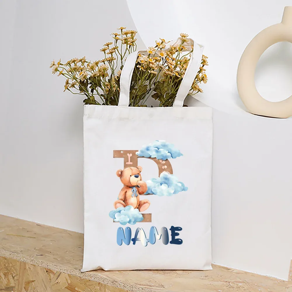 sacs fourre-tout en toile college nuage ours et alphabet personnalisés, sacs à main personnalisés de grande capacité, cadeaux de portabilité pour la rentrée scolaire