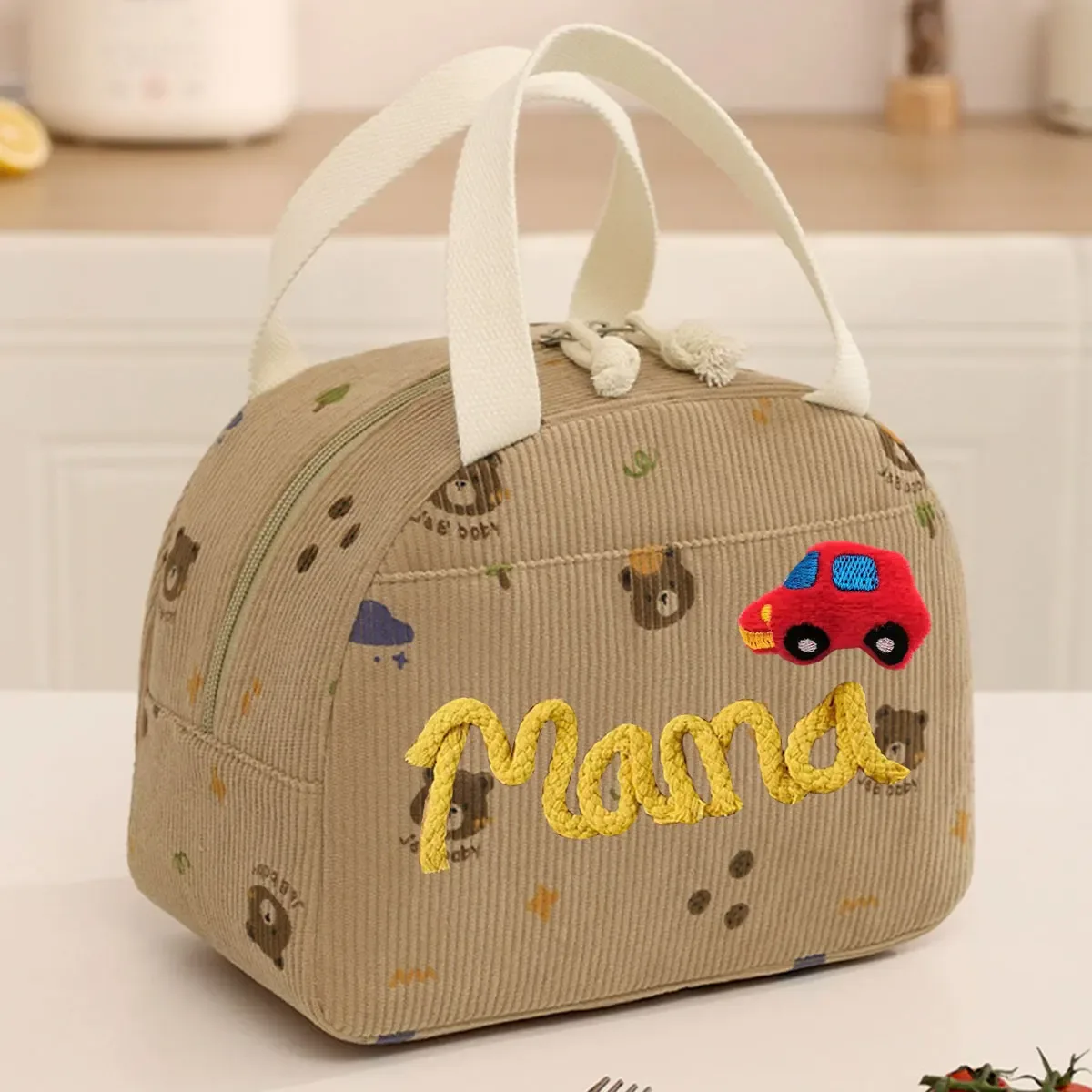 sac fourre-tout personnalisé avec initiales – sac à déjeuner isotherme en velours côtelé grande capacité personnalisé ; cadeau de rentrée scolaire, sac de vacances et de fête