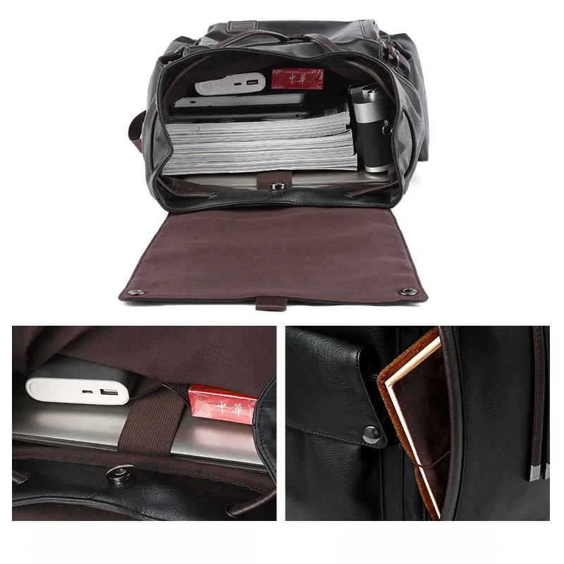sac à dos à cordon de serrage pour hommes, sac à dos de voyage en cuir pu souple, sac pour ordinateur portable de 14 pouces, sac d'école décontracté, mochila rucksacks