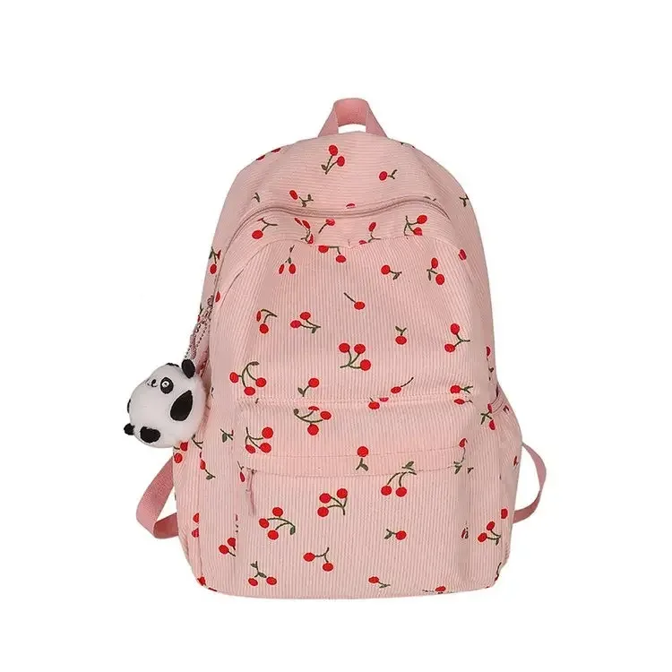sac à dos en velours côtelé motif cerise pour femmes, sac de jour de voyage, sangle réglable, sac à dos pour ordinateur portable, fermeture éclair pour le travail, le shopping, l'école