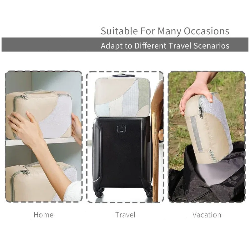 organisateur voyage polyester gris beige motif géométrique cube sac compression chaussures pochette housse vêtements tailles différentes transport pratique