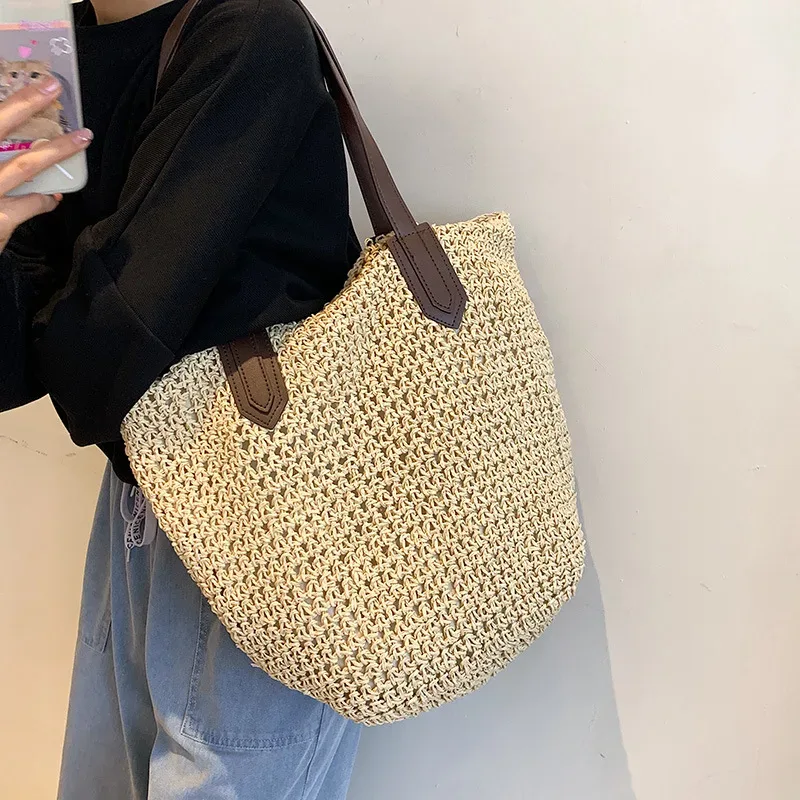 sacs de plage d'été pour femmes, sacs à bandoulière tissés en rotin faits à la main, sac en paille de grande capacité, sac à main bohème décontracté de voyage, fourre-tout