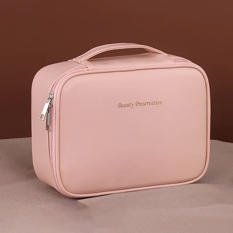 sac de maquillage de voyage double couche en cuir pu pour femmes, sac de rangement portable de grande capacité, sac de voyage étanche à fermeture éclair [q][q]q@
