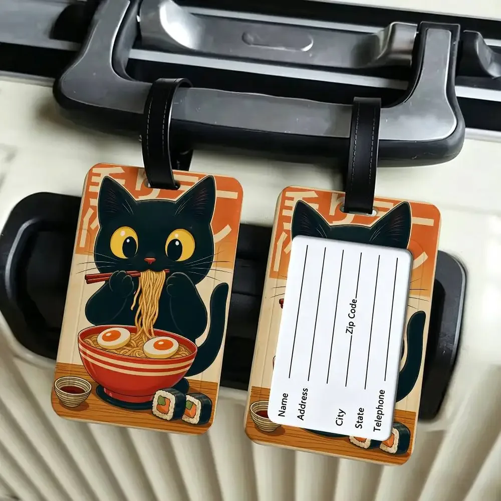 chat japonais mangeant des nouilles, étui pour carte d'information en toile imperméable, étiquette de bagage en pvc, identifiant anti-perte pour valise et sac à main