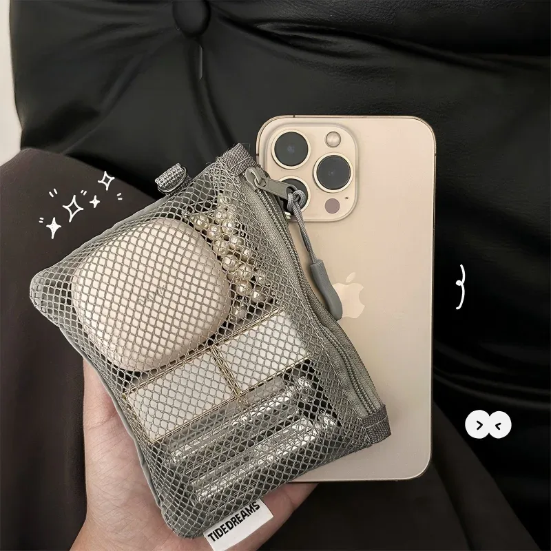 sac en maille de couleur unie, fermeture éclair double couche, mini sac de rangement pour articles divers, portefeuille portable, sac pour rouge à lèvres et cosmétiques