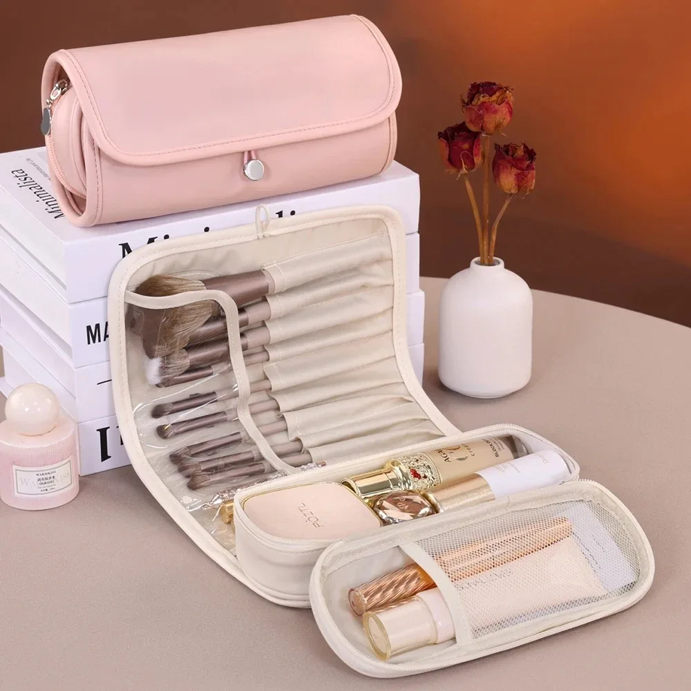 organisateur de pinceaux de maquillage pour femmes, pochette de rangement de maquillage de voyage étanche, trousse à cosmétiques portable de grande capacité