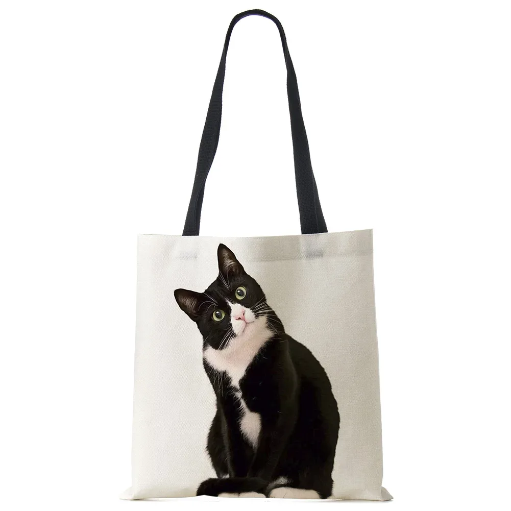 sacs fourre-tout de styliste pour femmes, sac à main écologique en tissu de lin imprimé chat noir sumi, sac à bandoulière réutilisable pour le bureau et le shopping