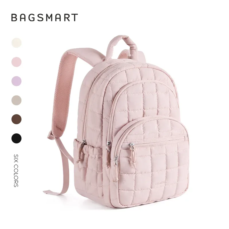 sac à dos scolaire bagsmart pour fille, sac à dos matelassé décontracté, résistant à l'eau, pour ordinateur portable de 15,6 pouces, sac à dos tendance pour l'université