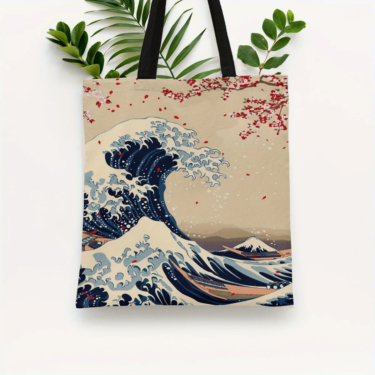 sac fourre-tout en polyester inspiré de l'art japonais, sac à bandoulière durable avec design ukiyo-e wave, sac de courses réutilisable 1 pièce