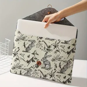 housse pour ordinateur portable à imprimé floral sketch rabbit, fermeture à bouton, sac de protection antichoc pour ordinateur portable, pour voyage et bureau