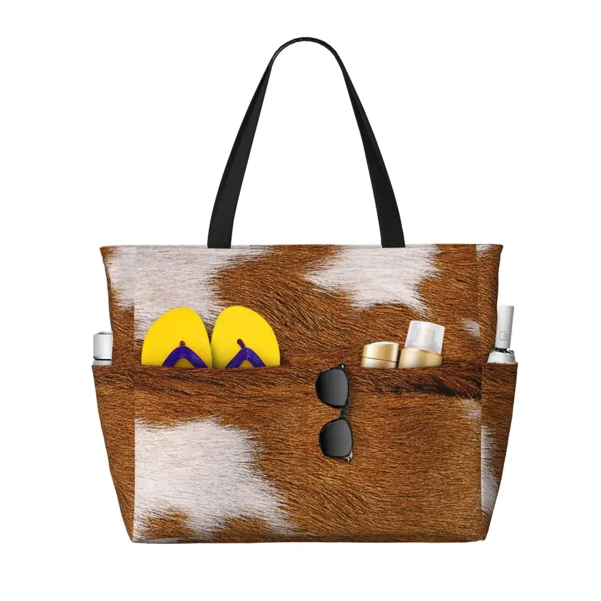 sac de plage élégant en fourrure de vache, texture cuir de vache, motif imprimé peau de vache, sac de yoga, grand sac fourre-tout, sac de voyage pour femme, sac de fitness